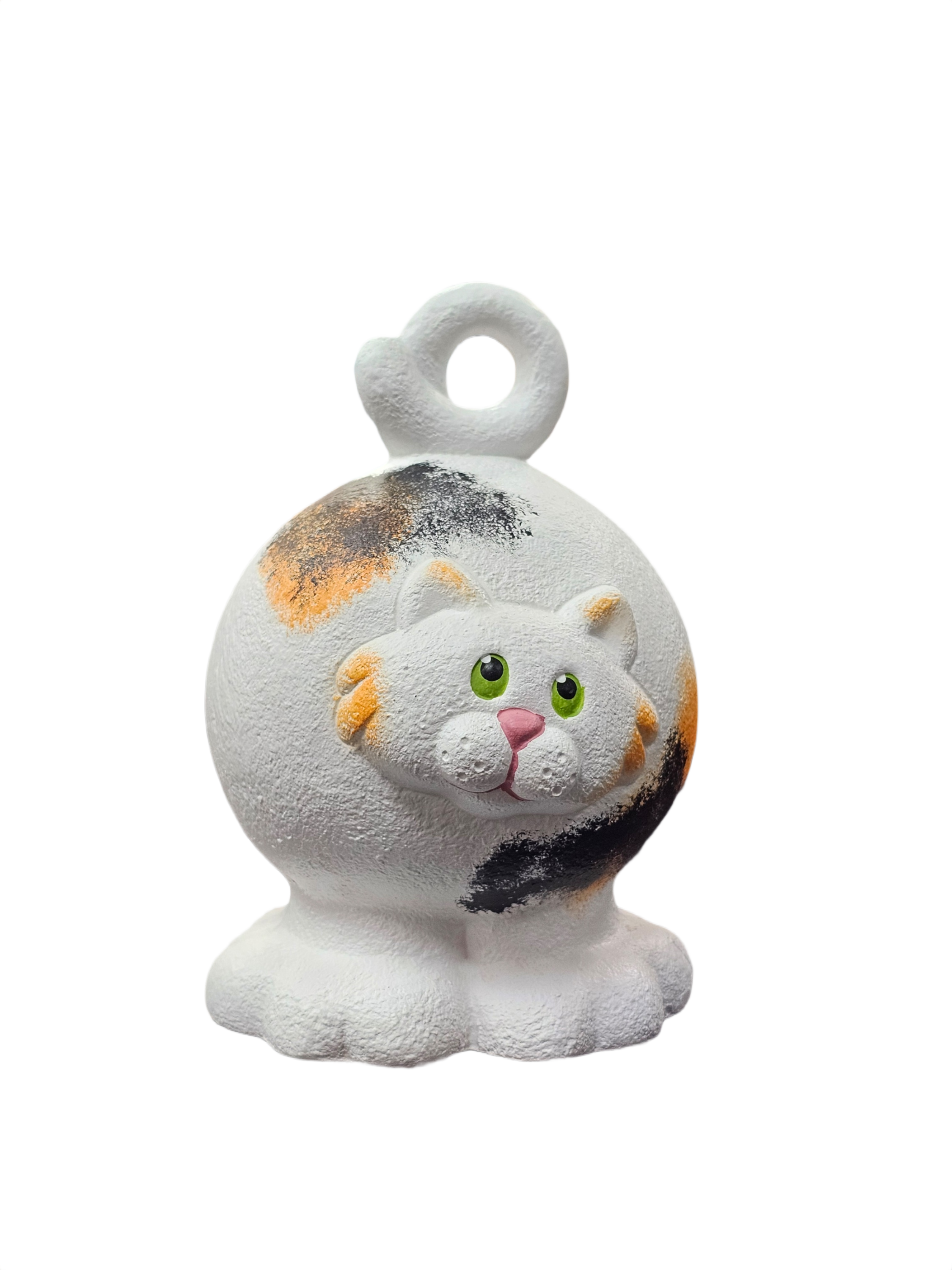 Round Calico Cat Figurine with Curly Tail
