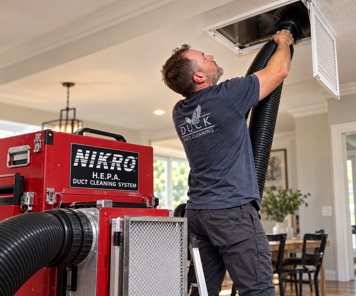 A technician installing a duct cleaning system in a home ceiling. The technician is wearing a team shirt that says 'DUCK Duct Cleaning' and is working with a large red machine labeled 'NIRO H.E.P.A. Duct Cleaning System' connected to large black hoses.