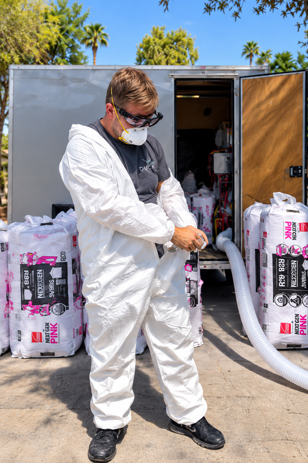 A man in protective gear, including a white suit, mask, and goggles, is working with a clear plastic bag near a truck with large bags labeled 'Pink' and a hose connected to the truck. The background features palm trees and a bright blue sky.