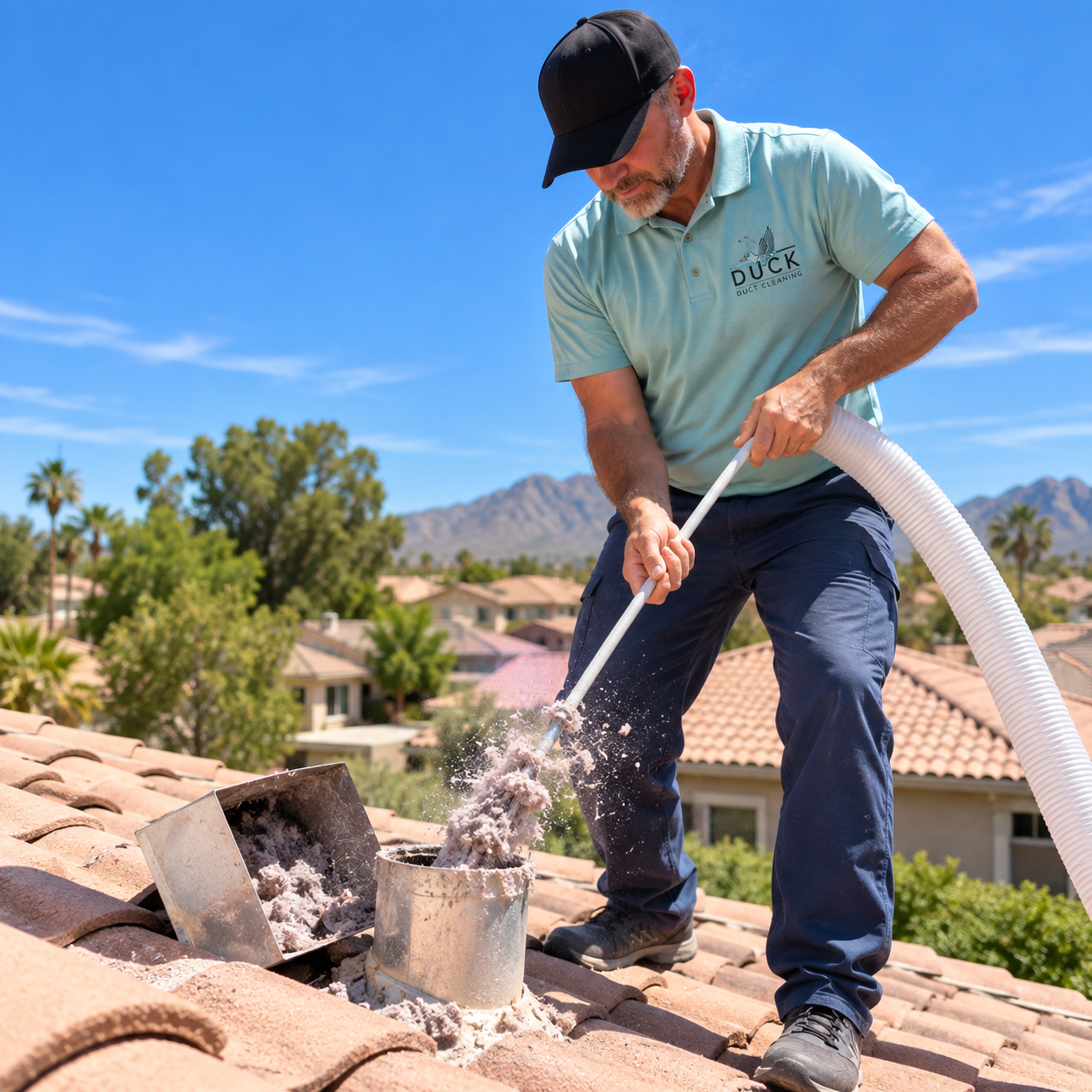 Man in a hat cleaning a roof with a hose, wearing a dunk duct cleaning polo shirt.