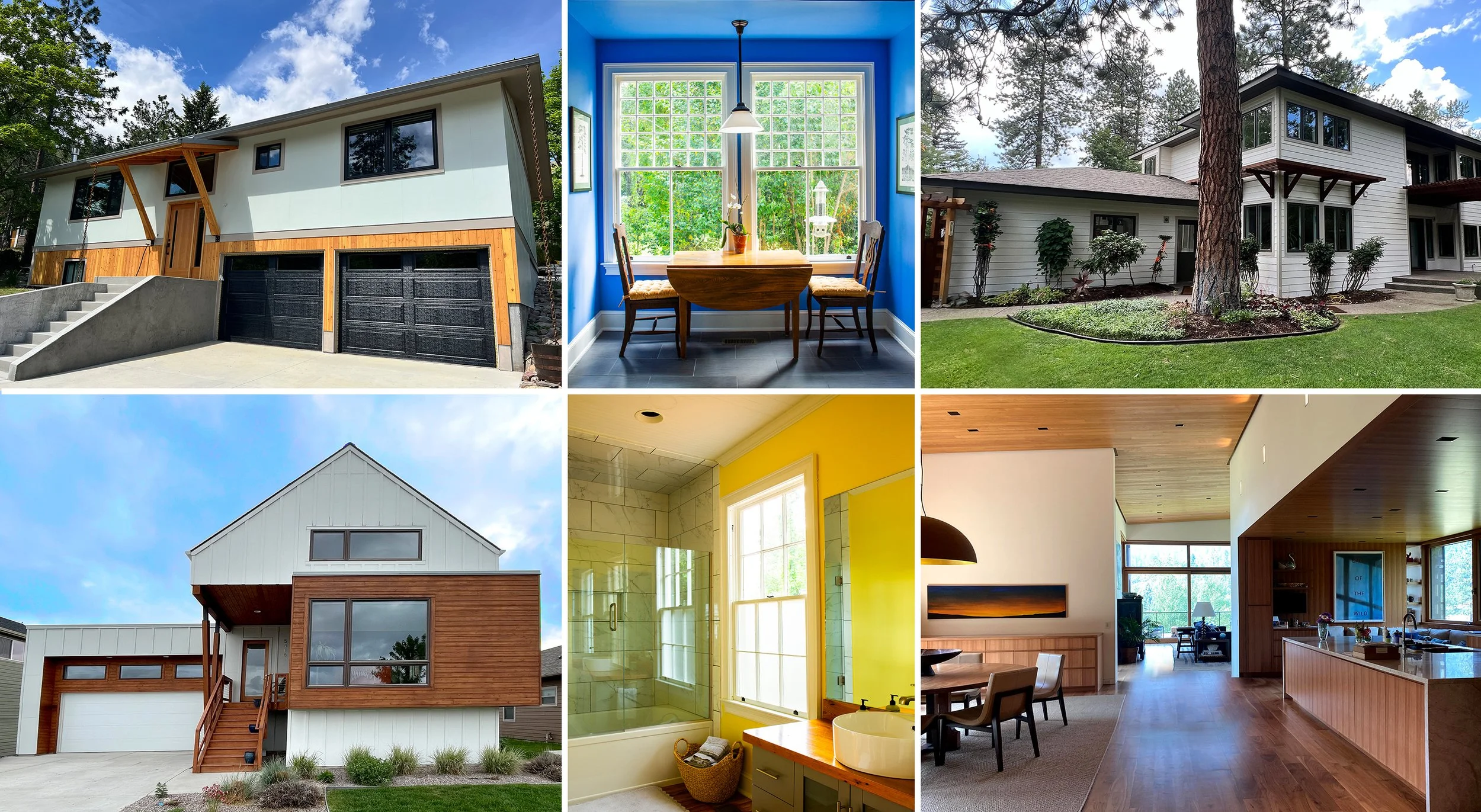 Collage of six images showing different houses, interiors, and a bathroom.