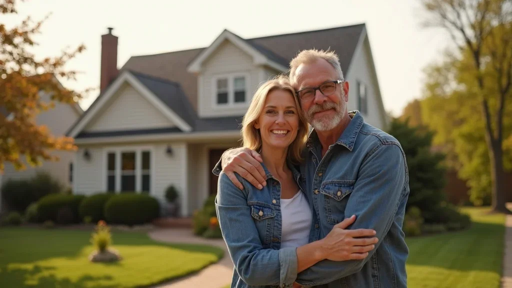 happy homeowners smiling in front of their house with a new roof and shingles