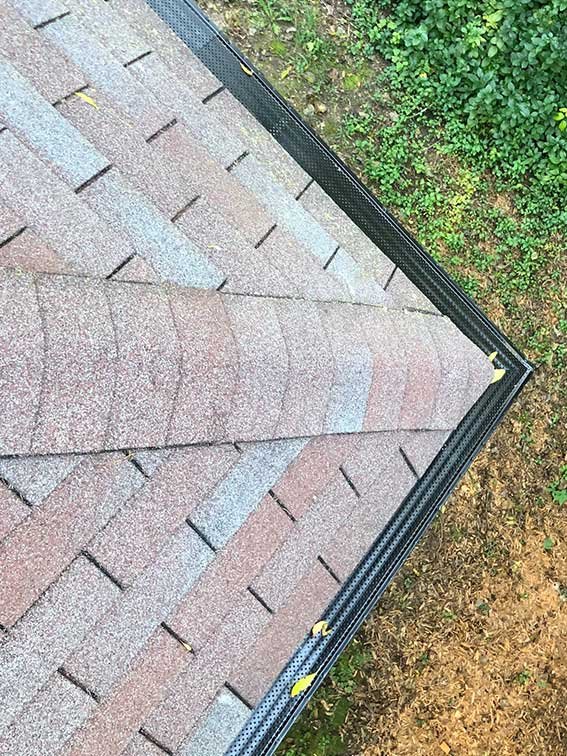 Close-up of a roof's black rain gutter and shingles with greenery and soil below.