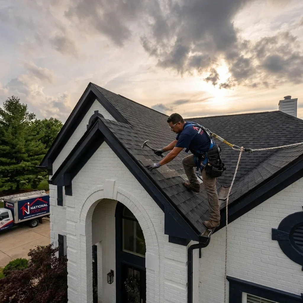 man on roof wearing national roofing shirt repairing shingles with storm in sky