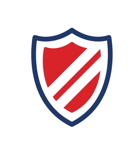 A shield logo with red and white stripes outlined in blue for National Roofing St. Louis to protect your home or business with a new roof, siding, gutters and more.