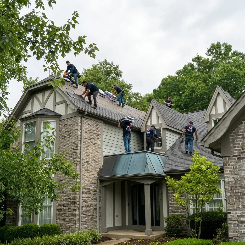 crew replacing shingles on home wearing national roofing shirts