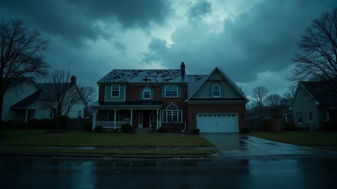 dark stormy sky with shingles ripped off house roof