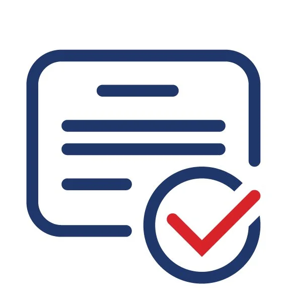 Icon of a document with horizontal lines and a checkmark on a circle in front for National Roofing St. Louis, offering financing for roof replacement and new construction.