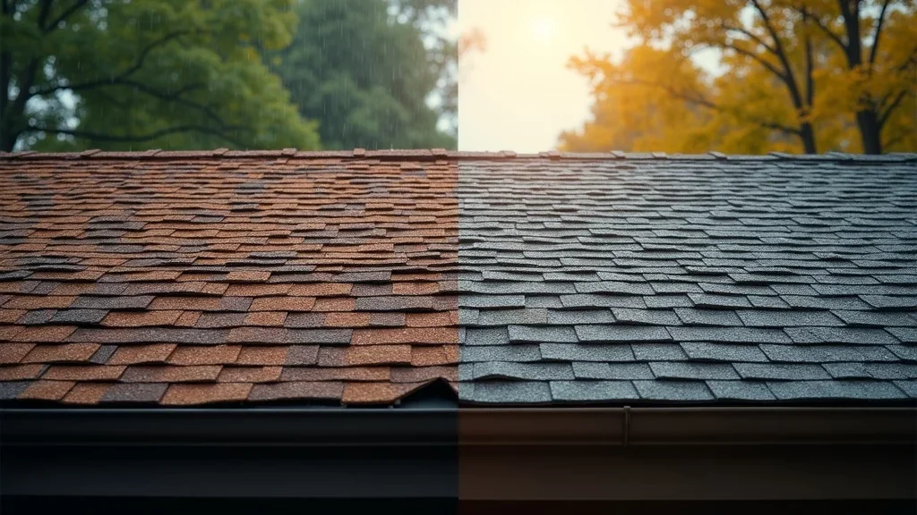 rainy day and sunny day close up of roof shingles that need replacing