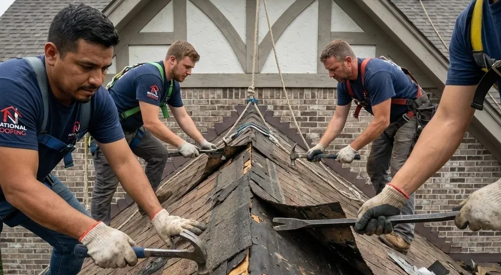 Crew replacing shingles damaged from storm wearing national roofing shirts