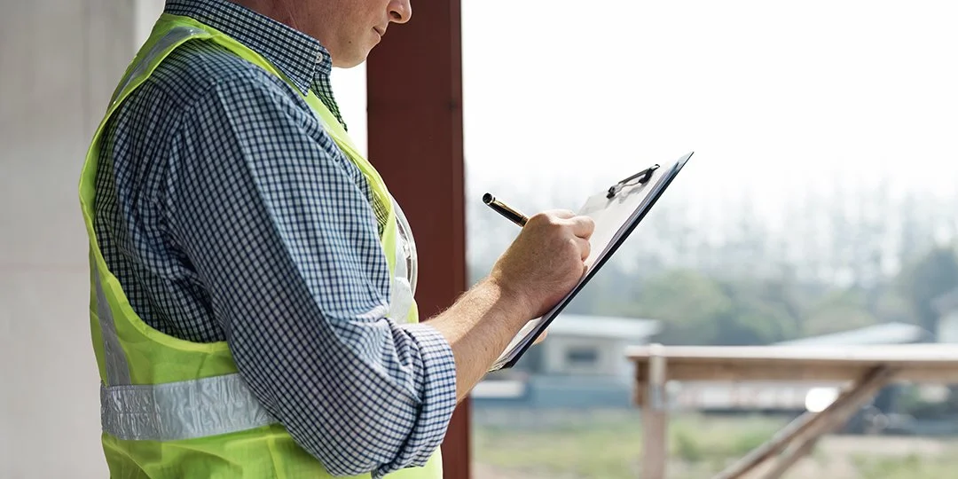 A man wearing a safety vest writing on a clipboard at a construction site.