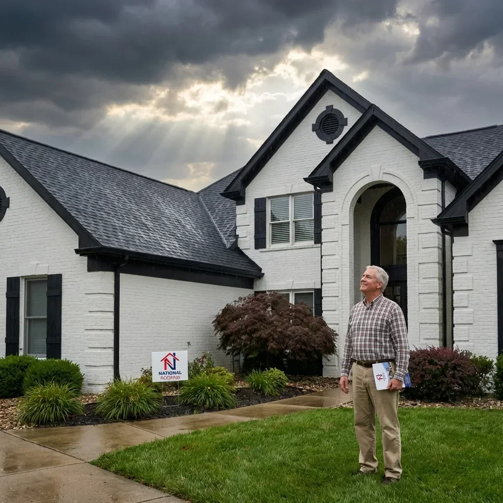 man looking up at stormy sky,  roof needs repairing