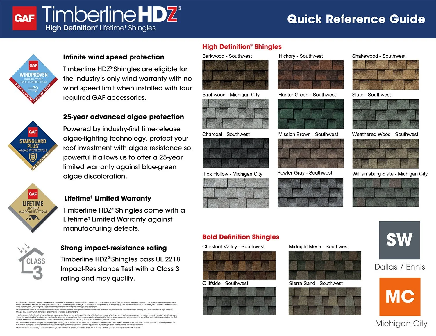 Timberline HDZ shingles color options, including Barkwood, Hickory, Shakewood, Birchwood, Hunter Green, Slate, Charcoal, Mission Brown, Weathered Wood, Fox Hollow, Pewter Gray, Williamsburg Slate, Chestnut Valley, Midnight Mesa, Cliffside, and Sierra Sand.