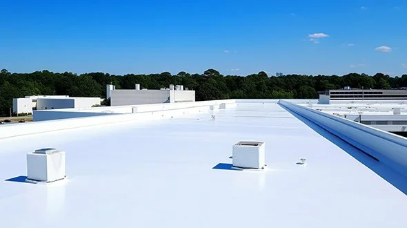 A white commercial building flat roof by National Roofing St. Louis with HVAC units, against a background of trees and a blue sky.