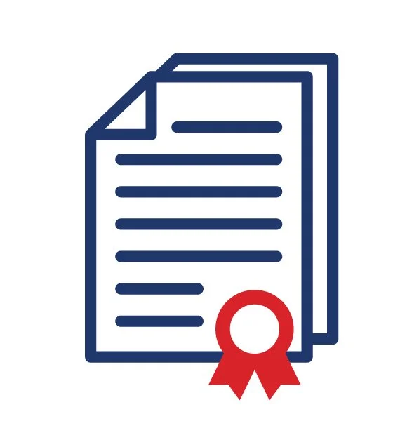 Icon of a document with a red ribbon at the bottom right, indicating certification or achievement for National Roofing St. Louis