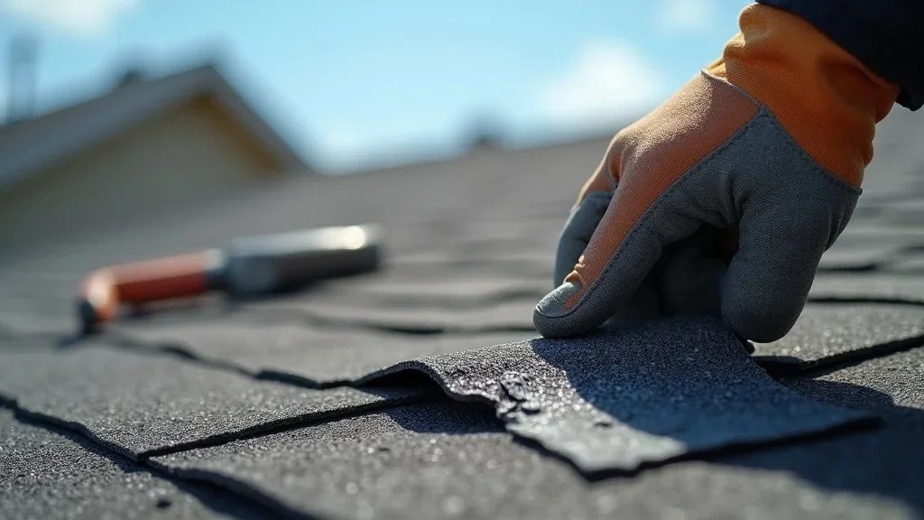 close up of hand pulling up shingle from roof to replace