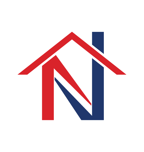 Stylized logo for National Roofing St. Louis, combining red and blue lines forming a house shape with a chimney.