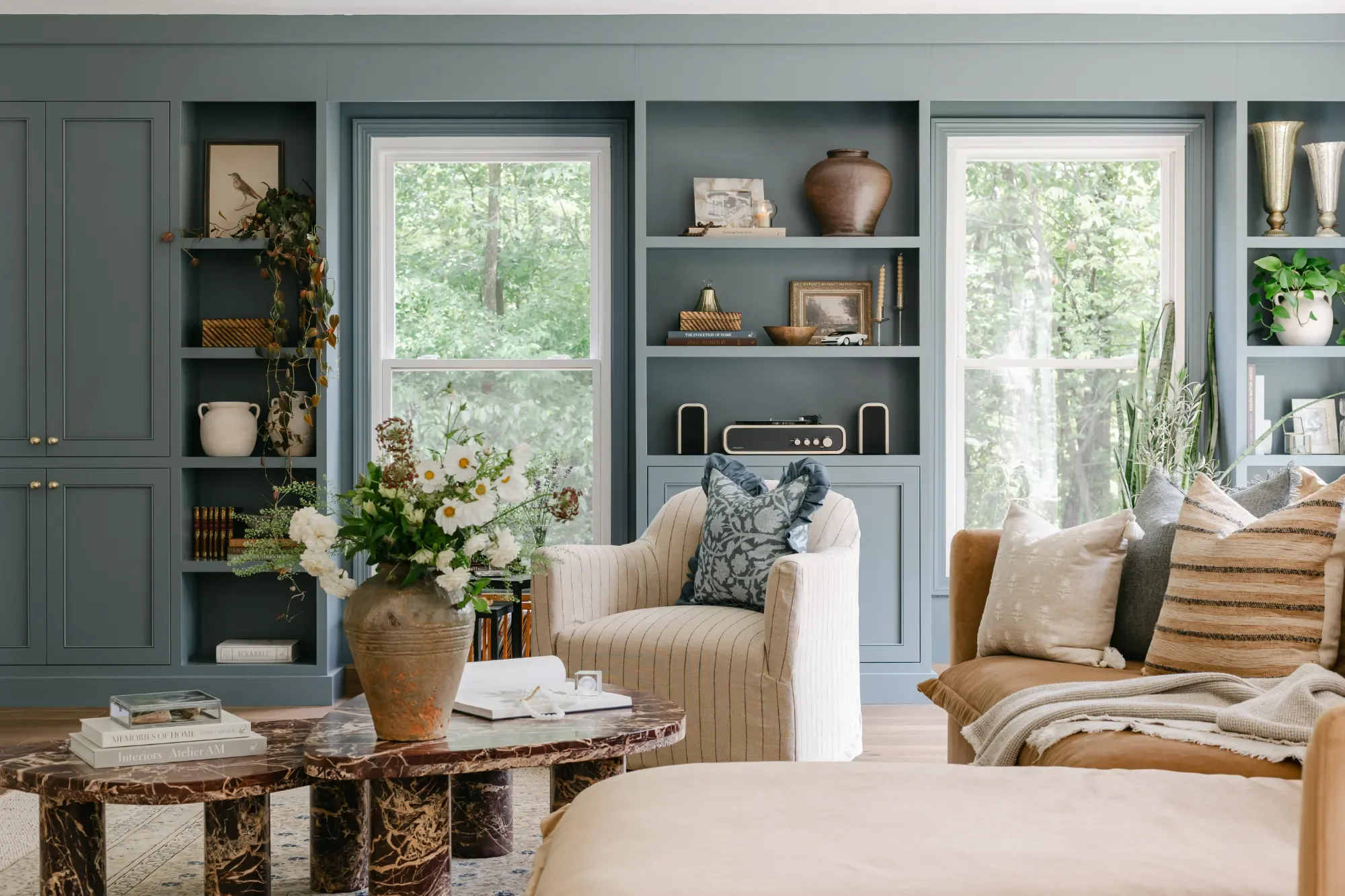 S Flynn Design + Build living room remodel for soft, cozy, and vintage aesthetic