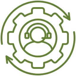 A green outline illustration of a person with headphones inside a gear, surrounded by circular arrows.