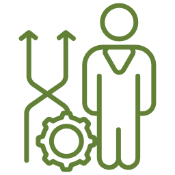 Line drawing of a person standing next to a gear, with an upward arrow and a curved arrow, representing process or mechanism.