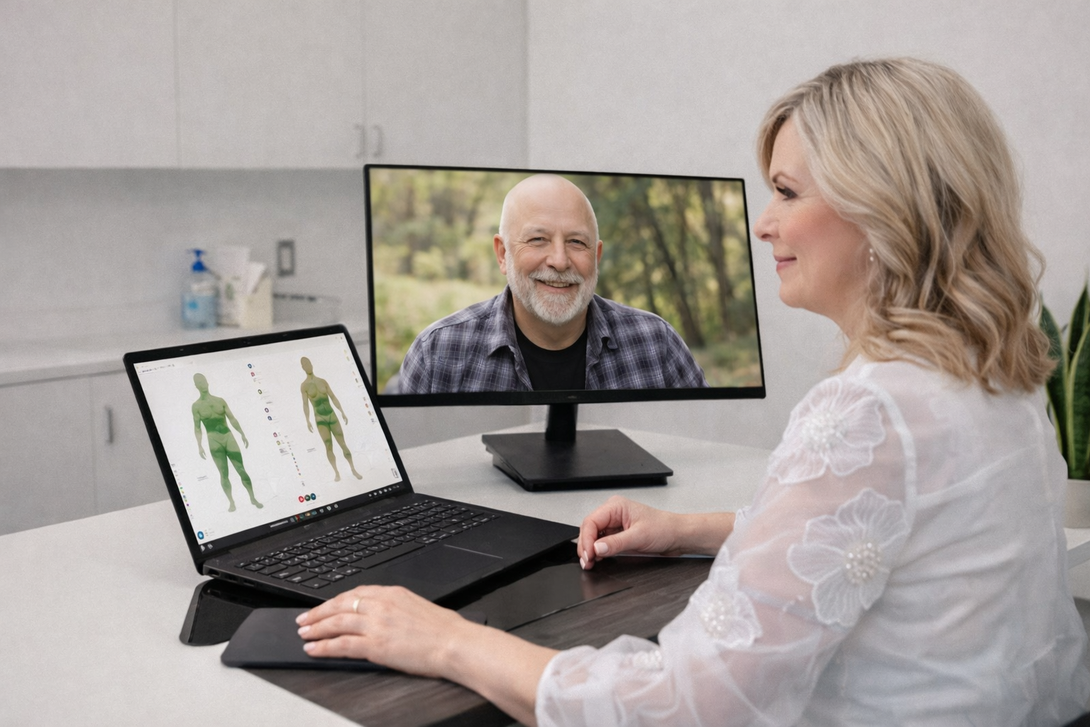 A woman with blonde hair and a white floral blouse smiling during a video call with a man on her computer screen. She is seated at a desk with a laptop displaying body scan images and a monitor showing the man outdoors.