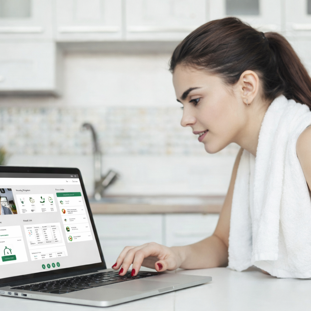 Woman using a laptop in a kitchen with a white towel around her neck.