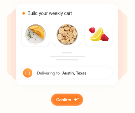 Screen showing a grocery order to Austin, Texas, with images of a piece of cooked fish, cereal, and fruit slices, and a confirm button.