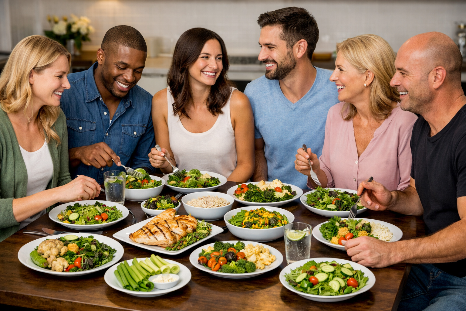 Group of six adults enjoying a meal together at a table filled with various salads, grilled chicken, and vegetables, smiling and engaging with each other in a bright kitchen setting.