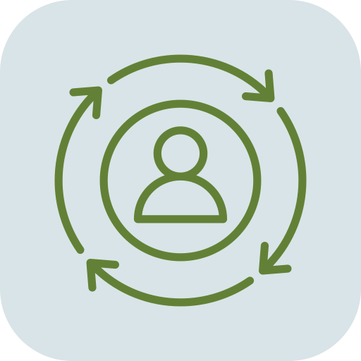 Icon of a person surrounded by circular arrows, representing a cycle or process.