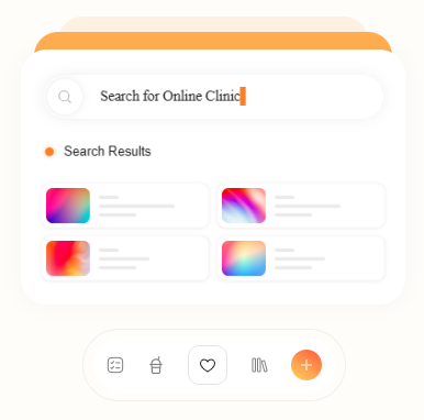 Mobile app screen with a search bar titled 'Search for Online Clinics,' search results, and navigation icons at the bottom.