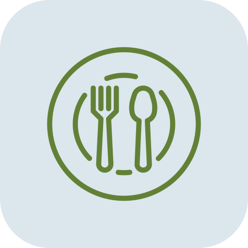 Icon of a fork and spoon on a plate.