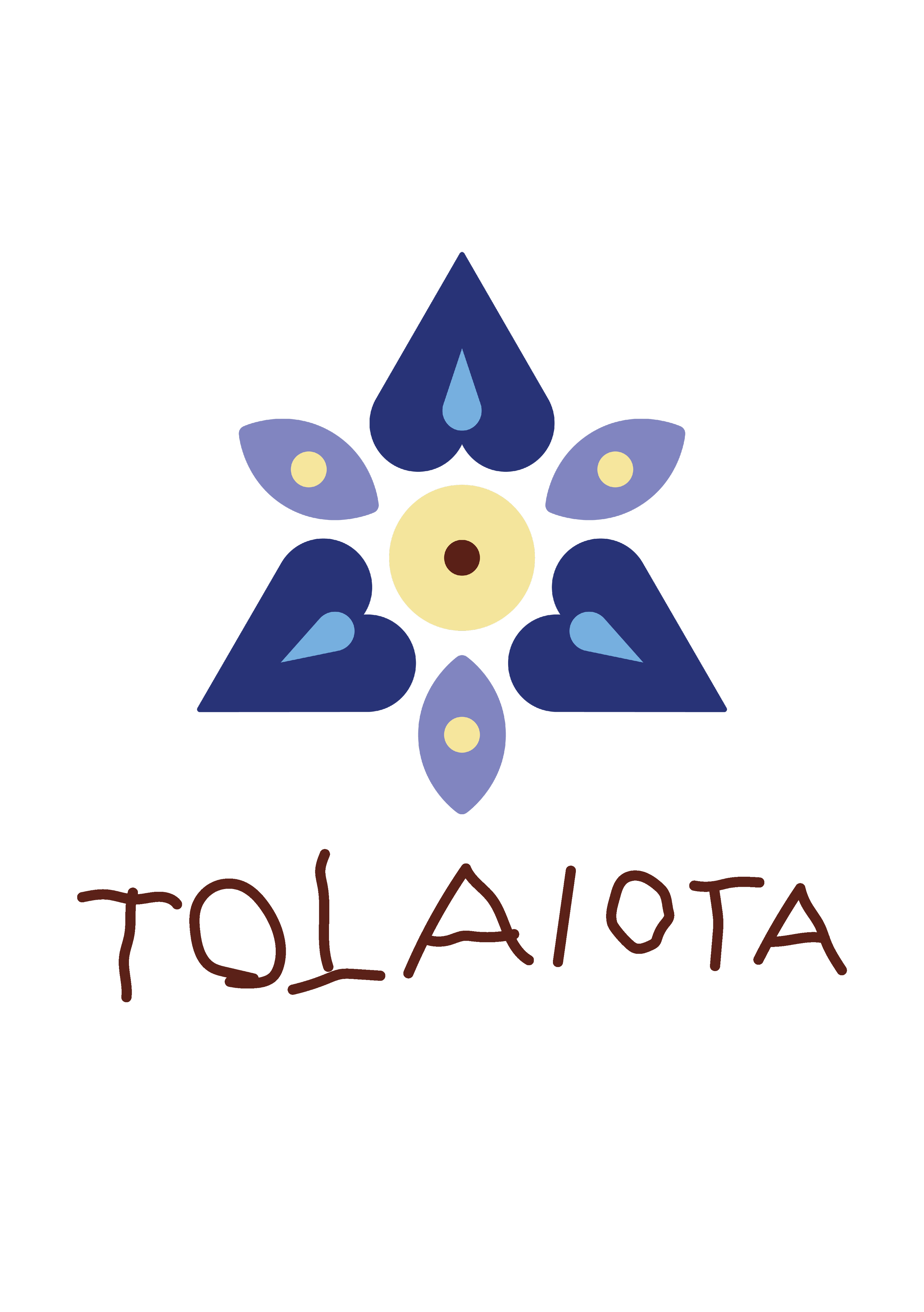 Disegno stilizzato di un fiore di traentina con petali viola, gialli al centro, e foglie blu, con sotto scritto in caratteri marroni 'TOTAIOTA'.