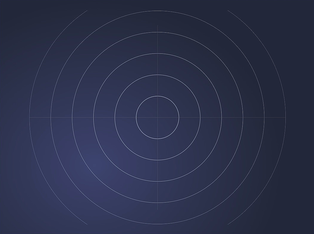 Empty radar screen with concentric circles and crosshairs on a dark background.
