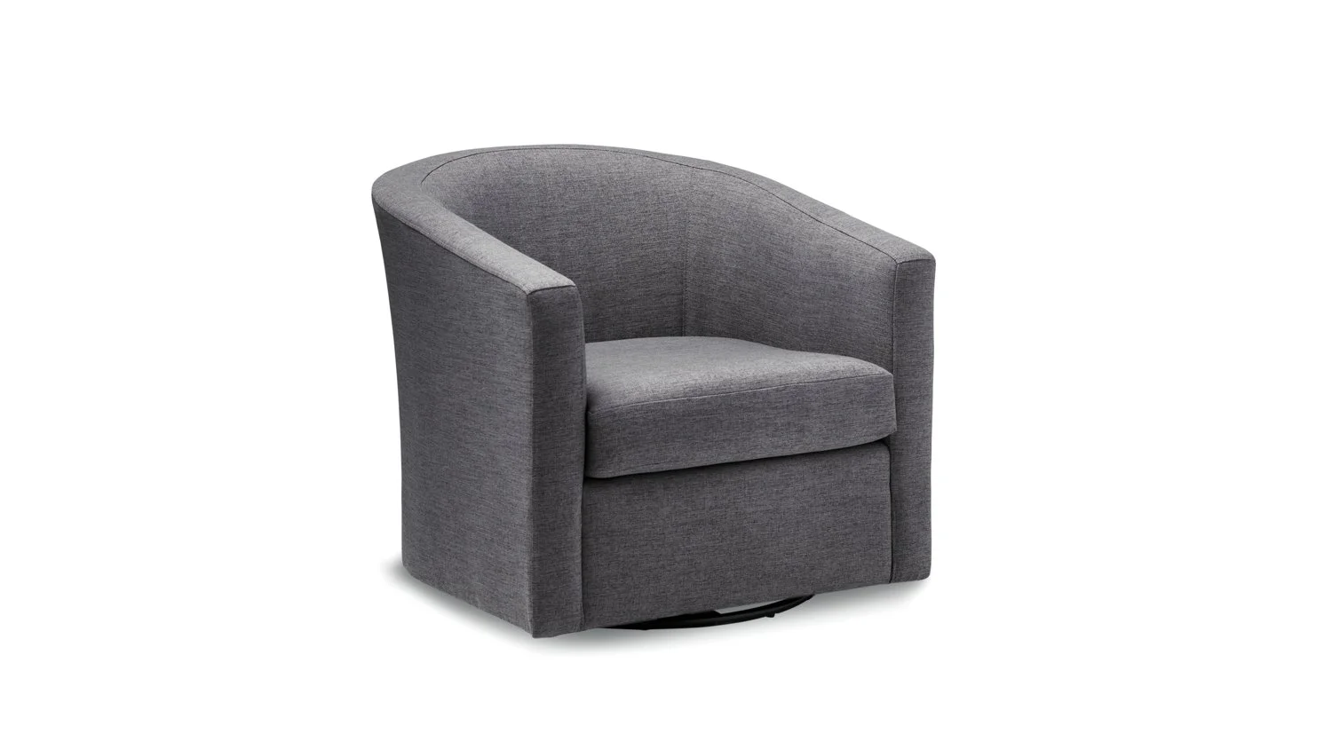 A gray upholstered swivel chair with a rounded back and seat cushion.