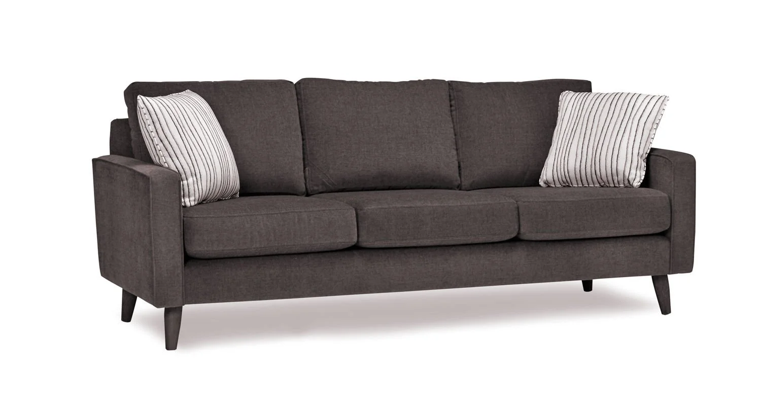 Gray sofa with three seats and two throw pillows against a white background.