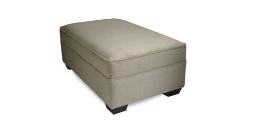 Gray upholstered ottoman with black wooden legs.