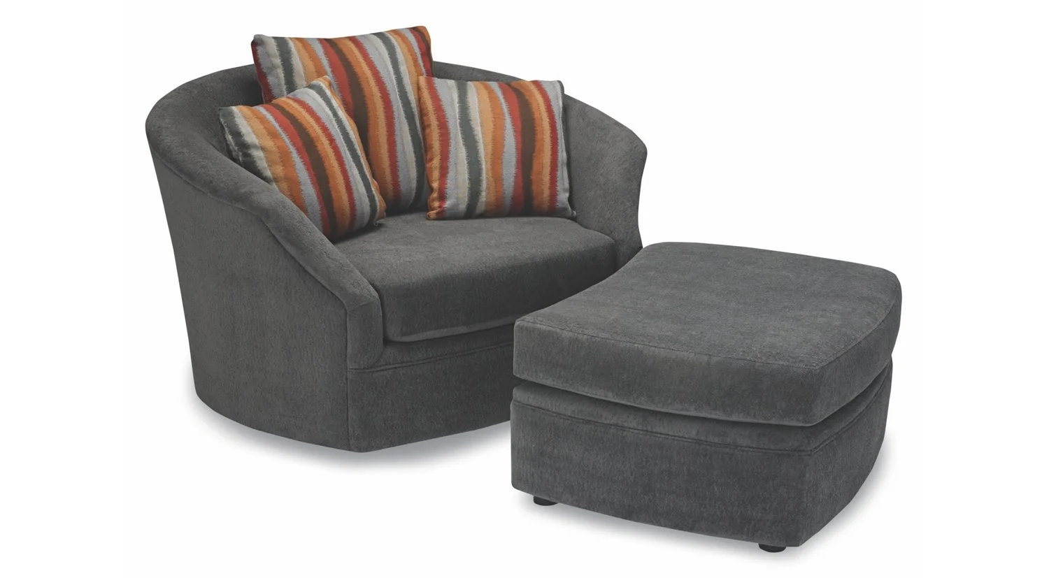 A gray upholstered chair with a matching ottoman, decorated with three striped throw pillows in shades of orange, red, gray, and cream.