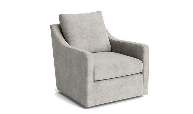 Light gray upholstered armchair with a cushioned seat and backrest, and rounded armrests.