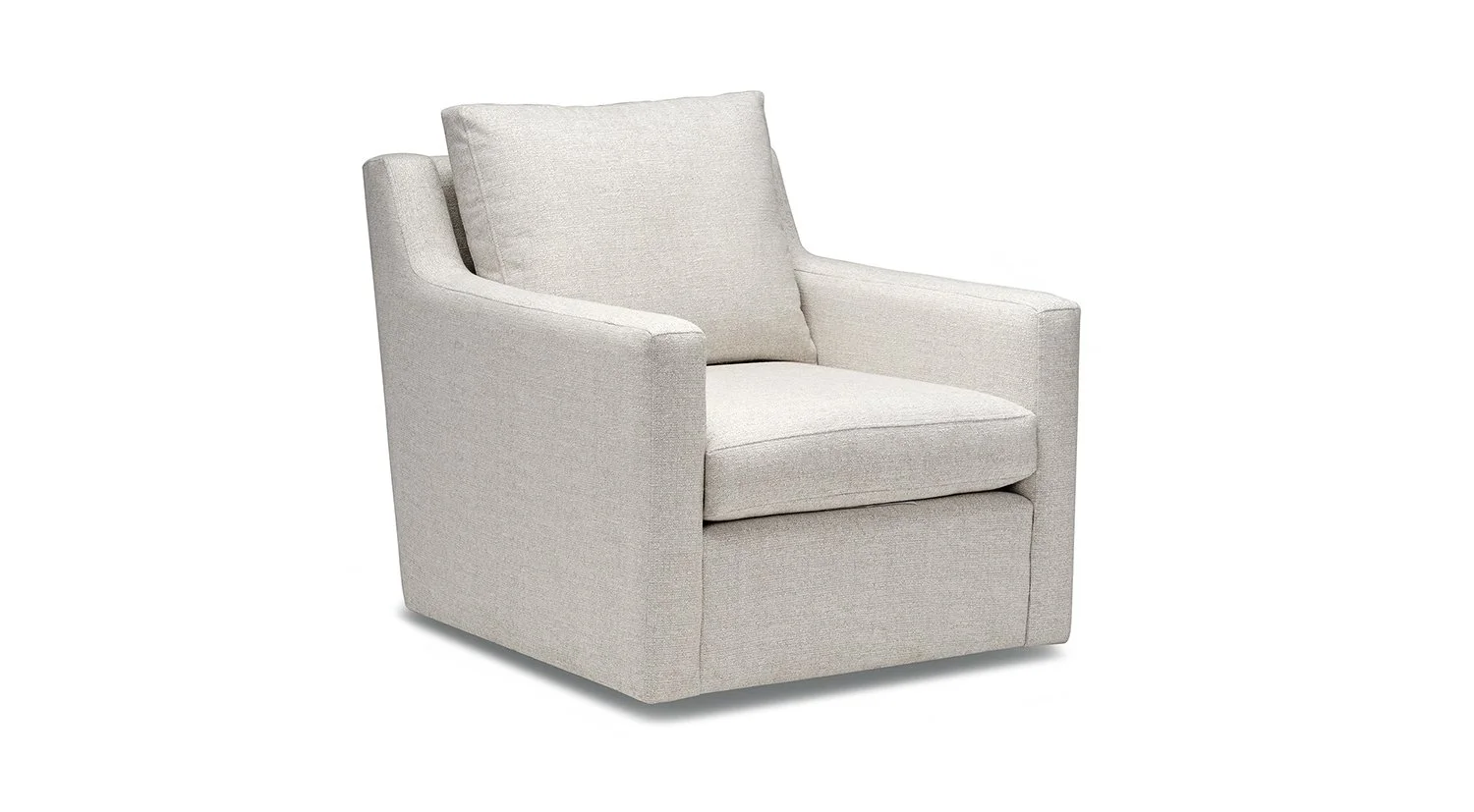 A light beige upholstered armchair with a cushion and wide armrests on a white background.