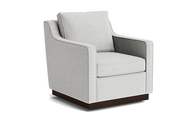 Gray upholstered armchair with wooden base.