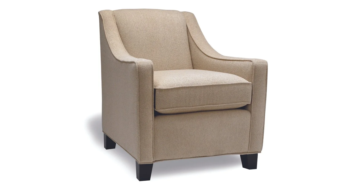 A beige upholstered armchair with dark wooden legs and padded armrests.