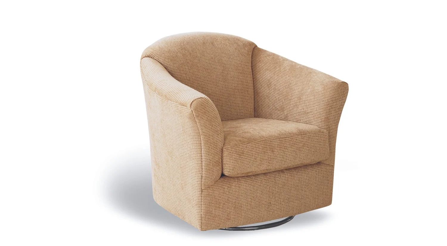 A beige upholstered swivel armchair with curved armrests and a rounded back, on a white background.