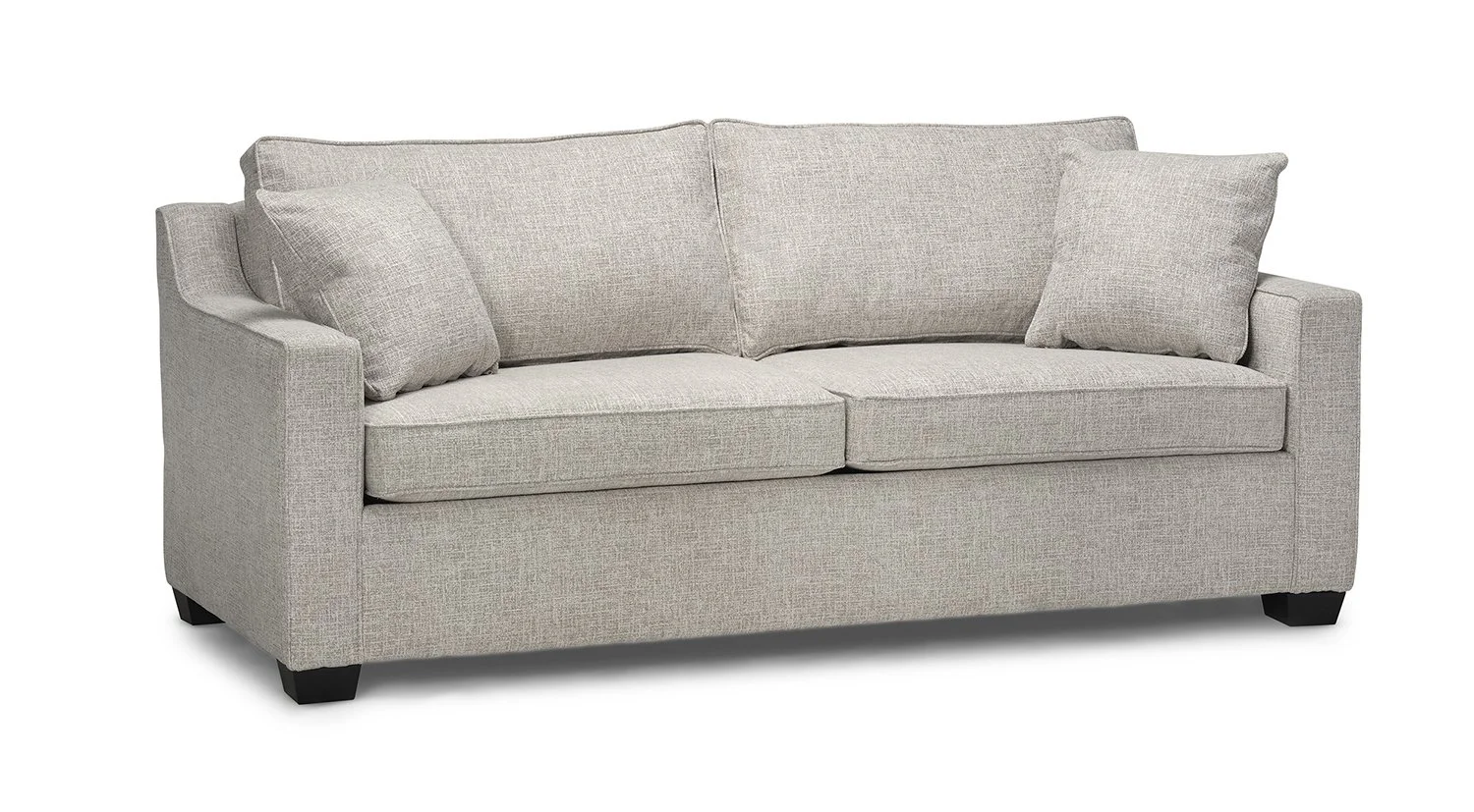 A beige fabric sofa with two matching cushions and black wooden legs.