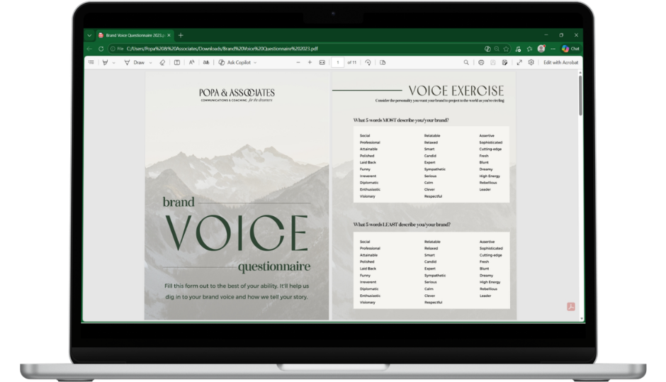 Screenshot of a laptop displaying a PDF titled 'Brand Voice Questionnaire' with mountains in the background on the left side, and a 'Voice Exercise' questionnaire on the right with words to describe a brand's personality.