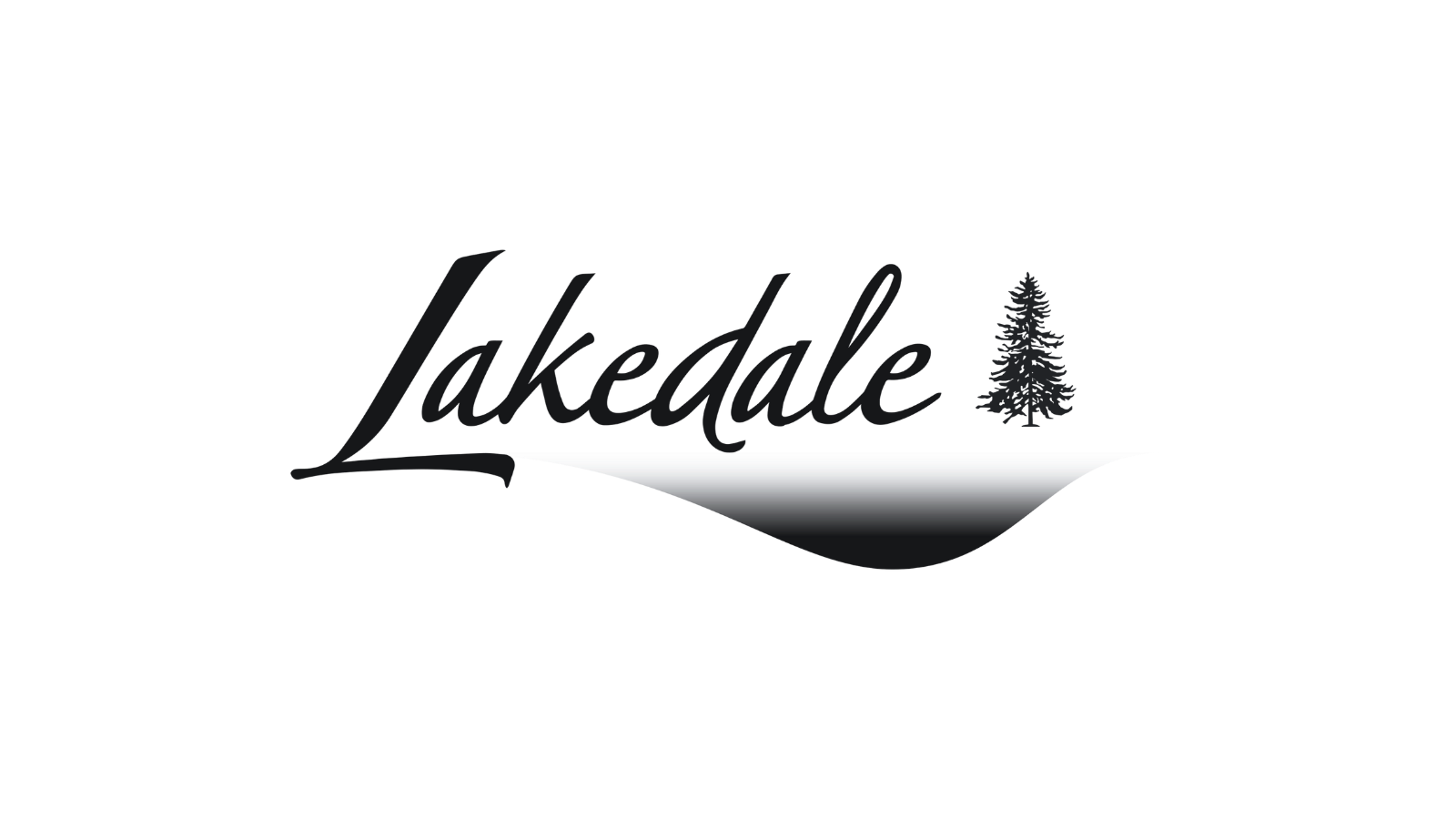 Black and gray logo with the words 'Lakedale' and a pine tree, featuring a stylized water reflection.