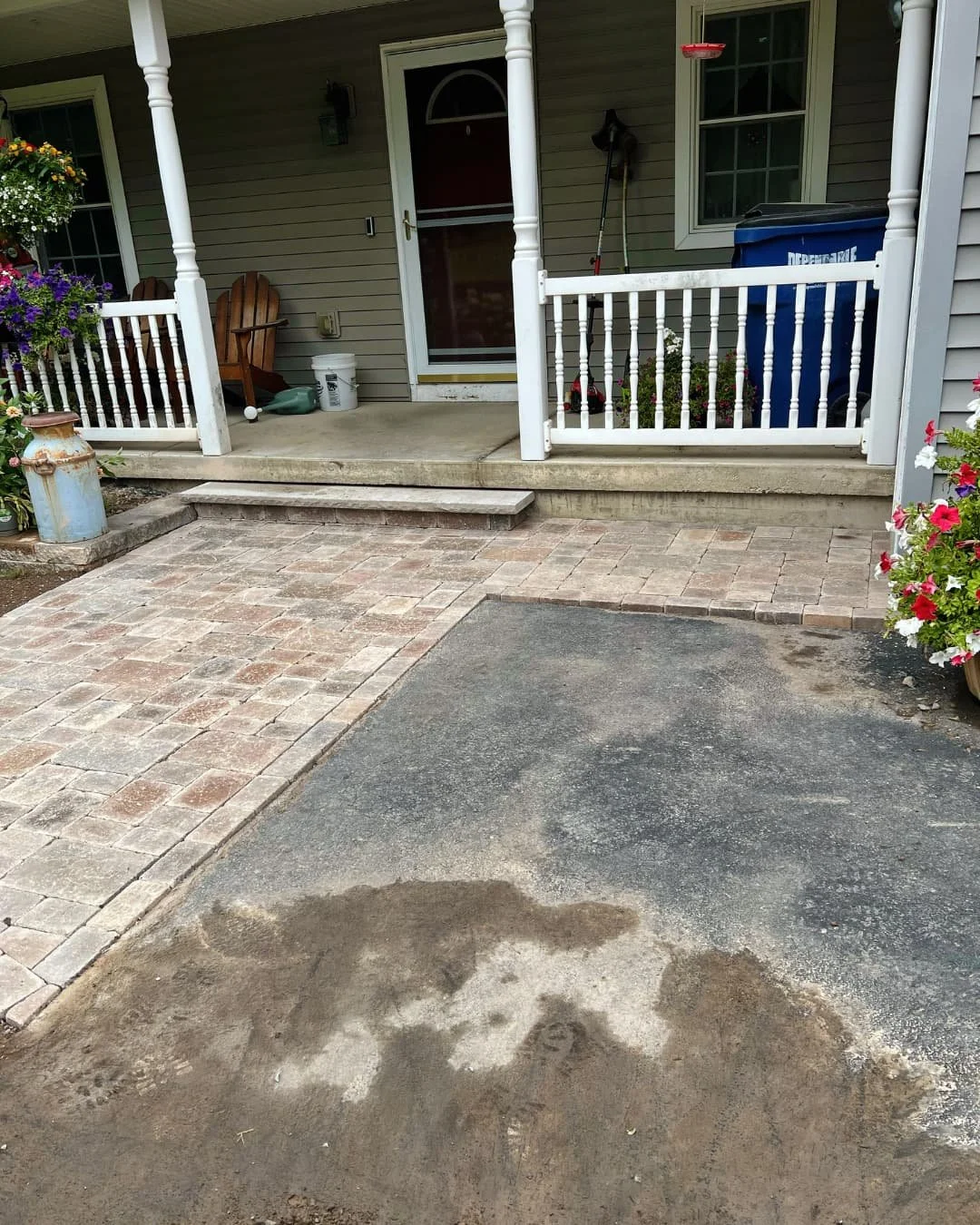 Front porch paver entry completed by Pines and Pavers in Camillus, New York.