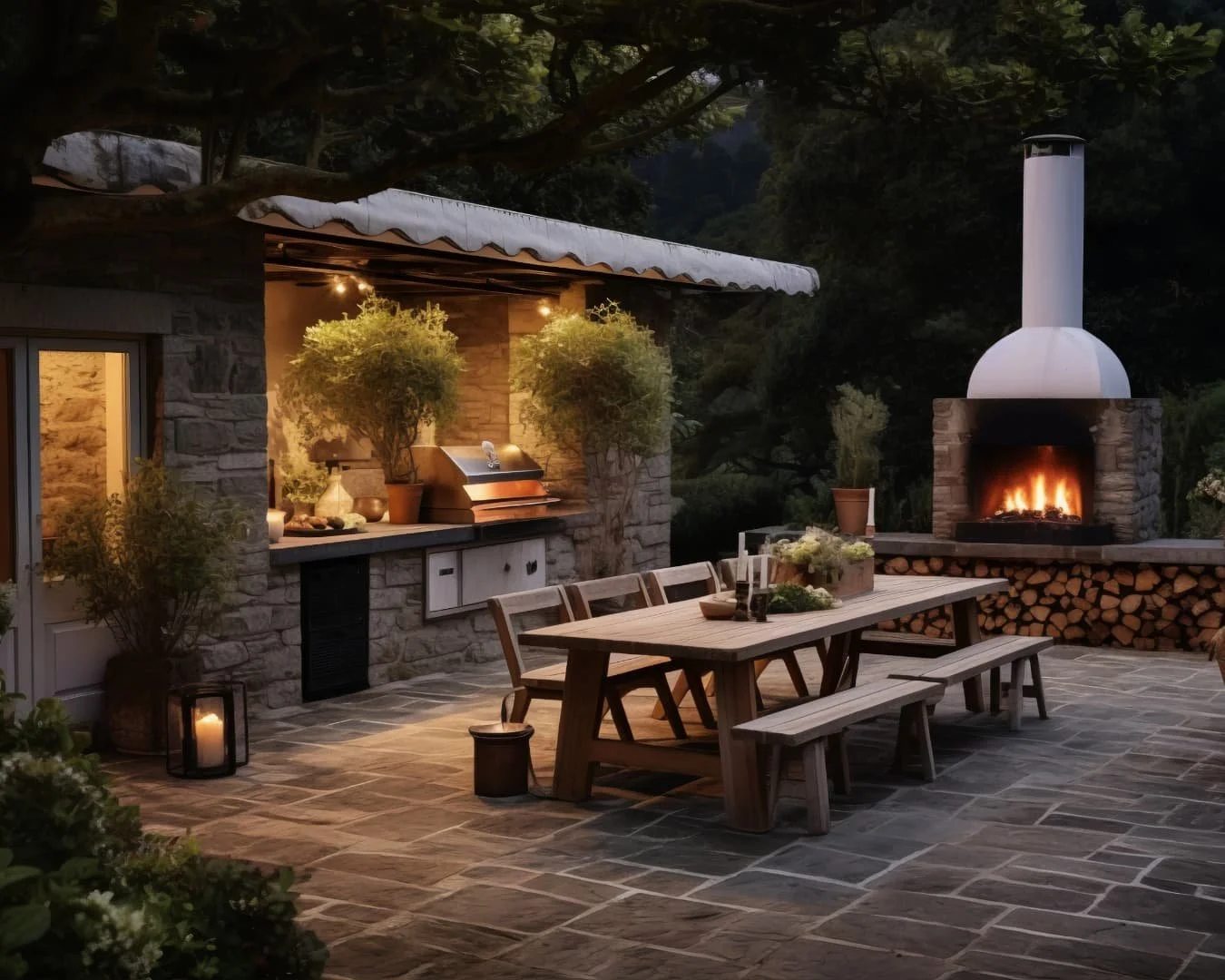 Outdoor kitchen inspiration featuring a fireplace, dining area, and cooking zone for entertaining.