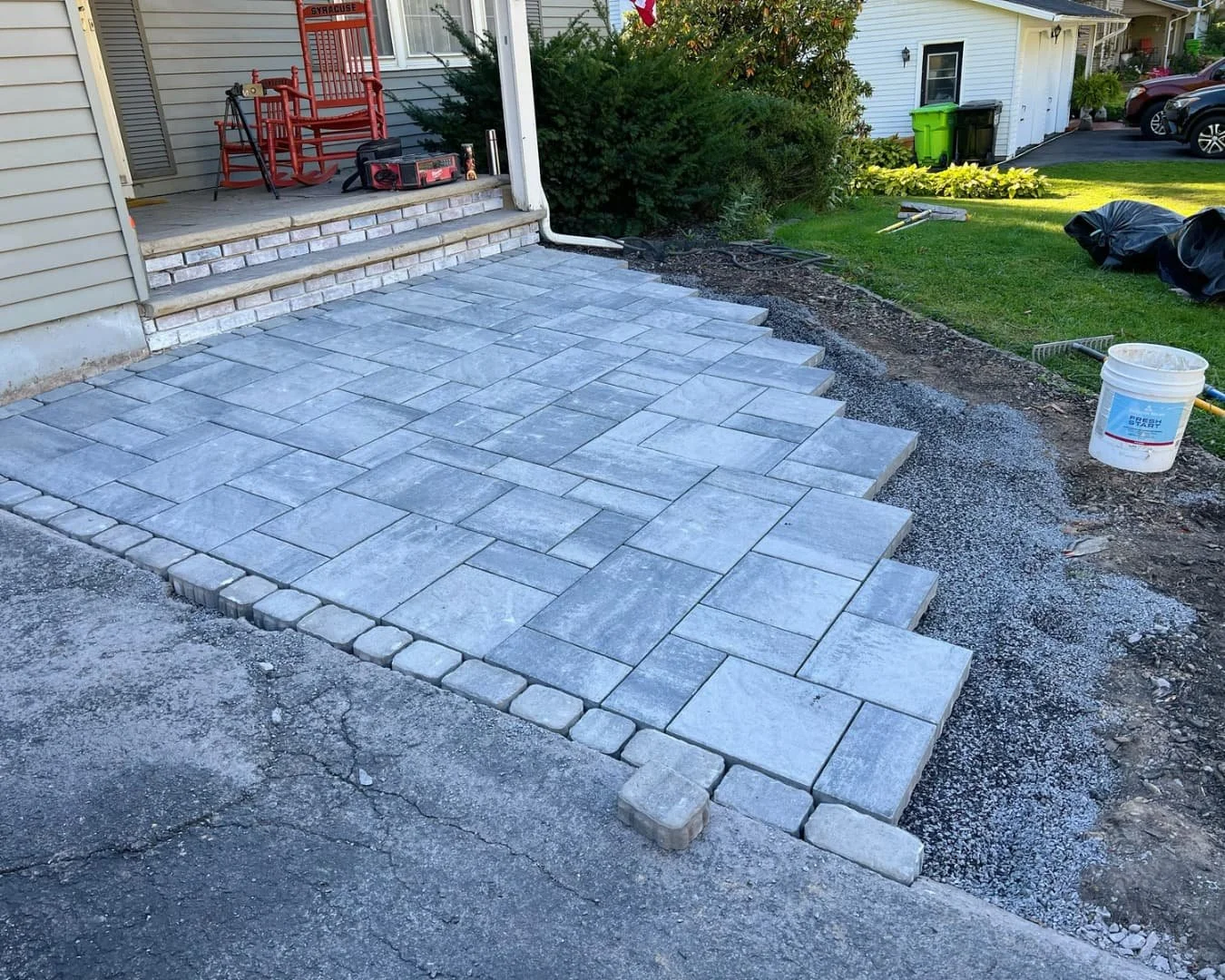 Curved front walkway and steps completed by Pines and Pavers in Skaneateles, New York.