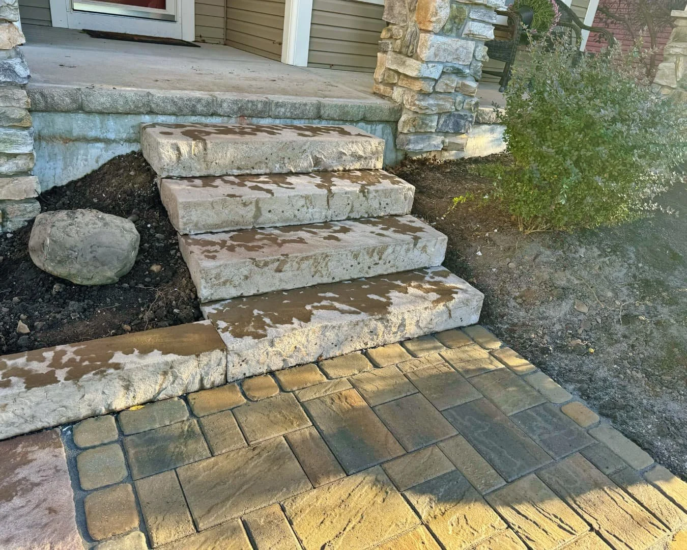 Completed front step and walkway detail by Pines and Pavers in Skaneateles Falls, New York.