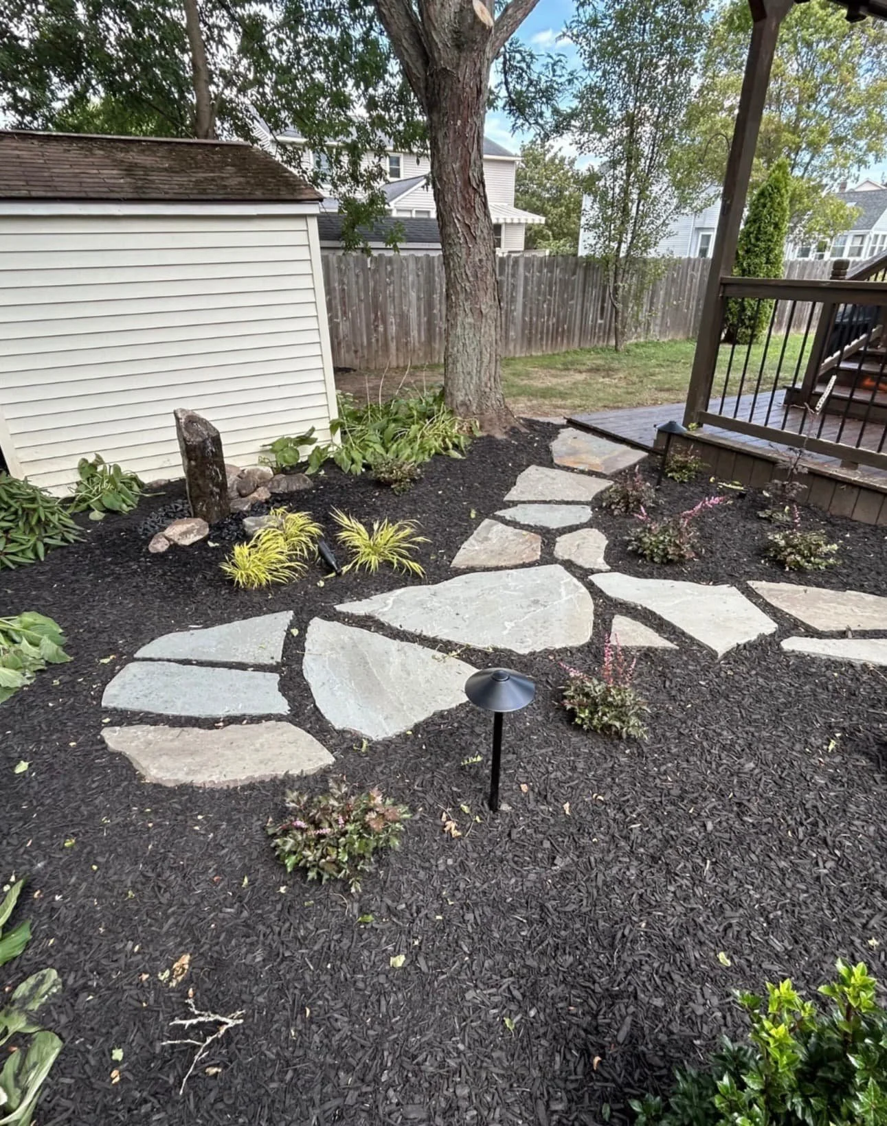 Mulch bed and stepping stone path at a Central New York home with neat edging and updated backyard landscaping.